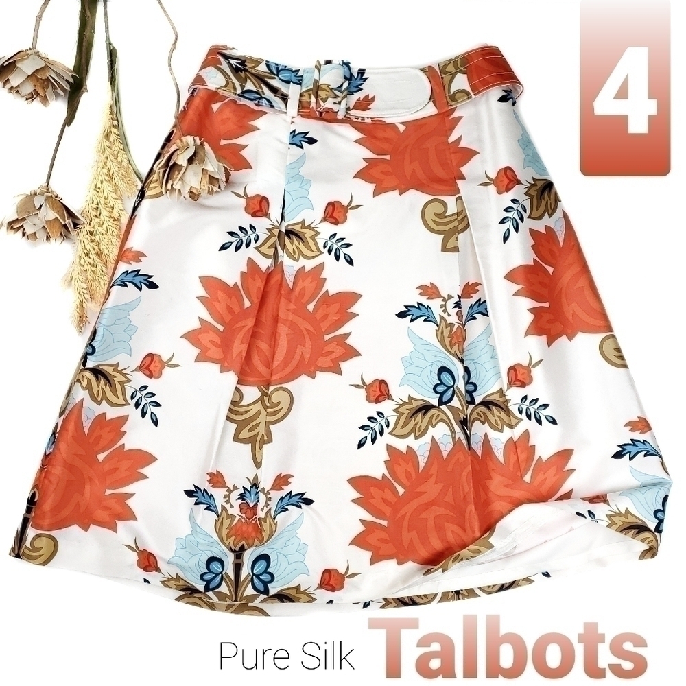 Talbots Silk Orange Wht Floral Boho Belted Skirt Size 4